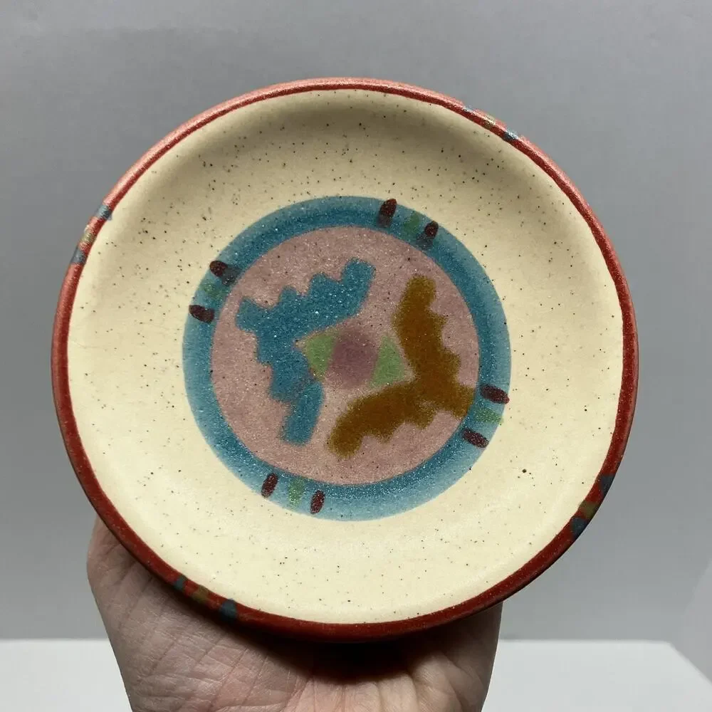 Southwestern Ceramic Cup and Saucer Set Handleless Geometric Tan Blue Pink Aztec